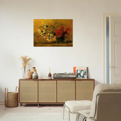 Vase with Red and White Carnations on a Yellow Background - Vincent van Gogh Brushed Aluminum Print - 70x100 cm / 28x40 inches | Vincent van Gogh Aluminum Print | Vincent van Gogh Prints