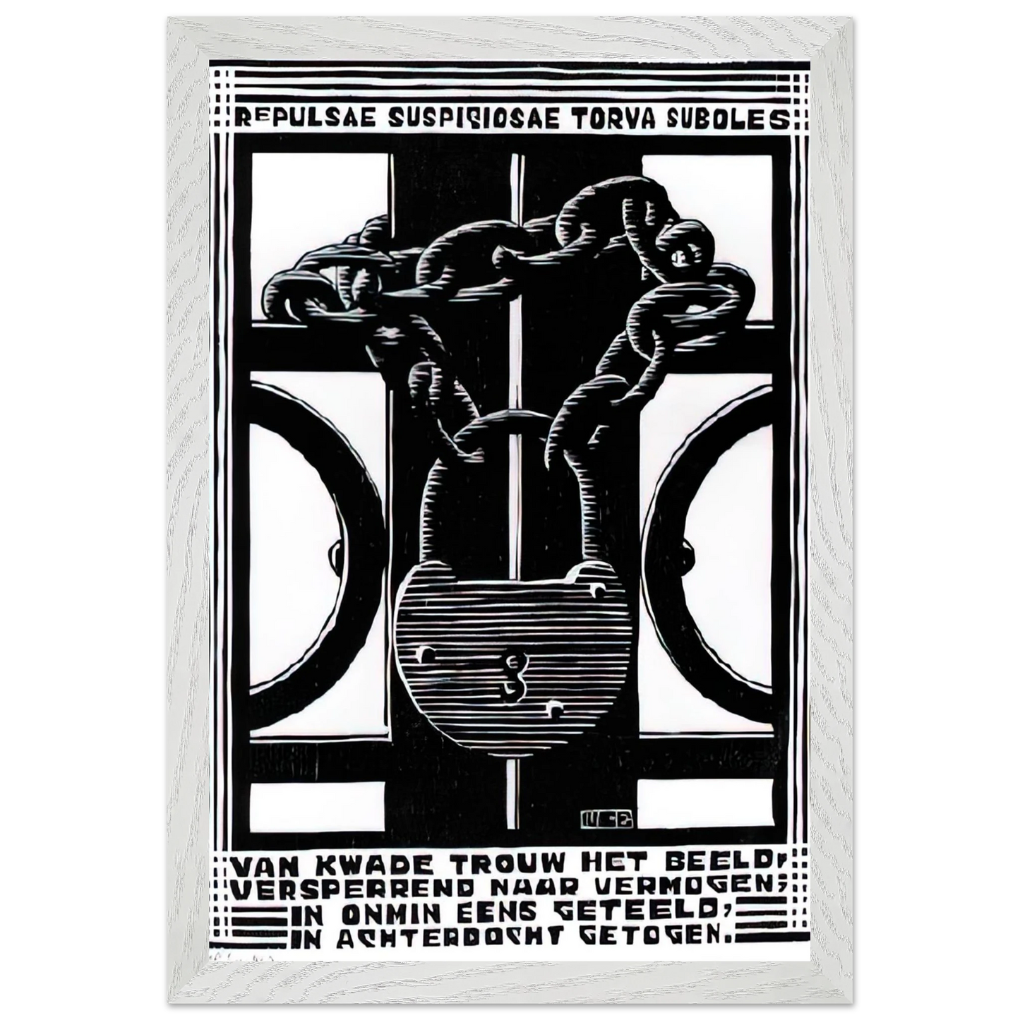MC Escher - PADLOCK Wall Art - 30x40 cm / 12x16 inches - Premium Wooden Framed Poster With Fine Art Paper-canvas - White frame