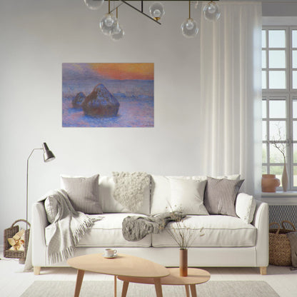 Stacks of Wheat Sunset, Snow Effect - claude monet Brushed Aluminum Print - 70x100 cm / 28x40 inches | claude monet Aluminum Print | claude monet Prints