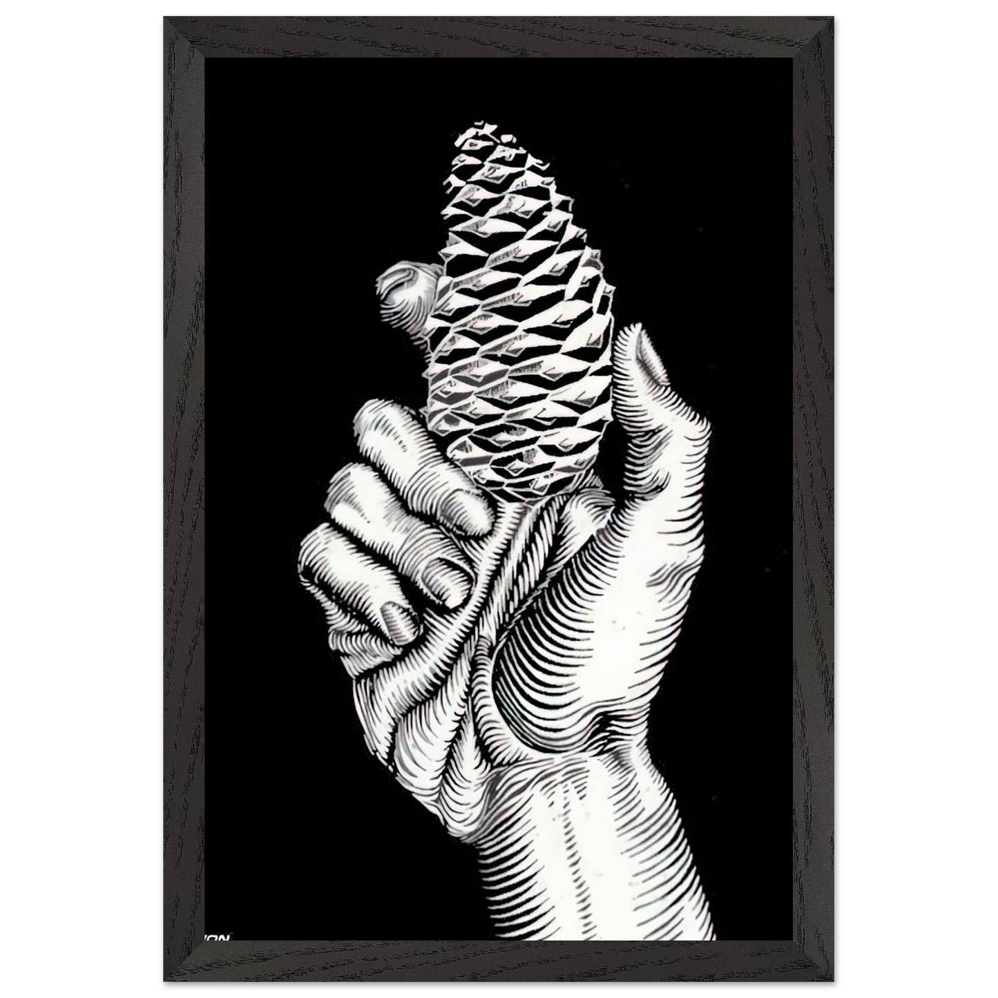 MC Escher - HAND WITH FIR CONE Wall Art - 30x40 cm / 12x16 inches - Premium Wooden Framed Poster With Fine Art Paper - Black frame