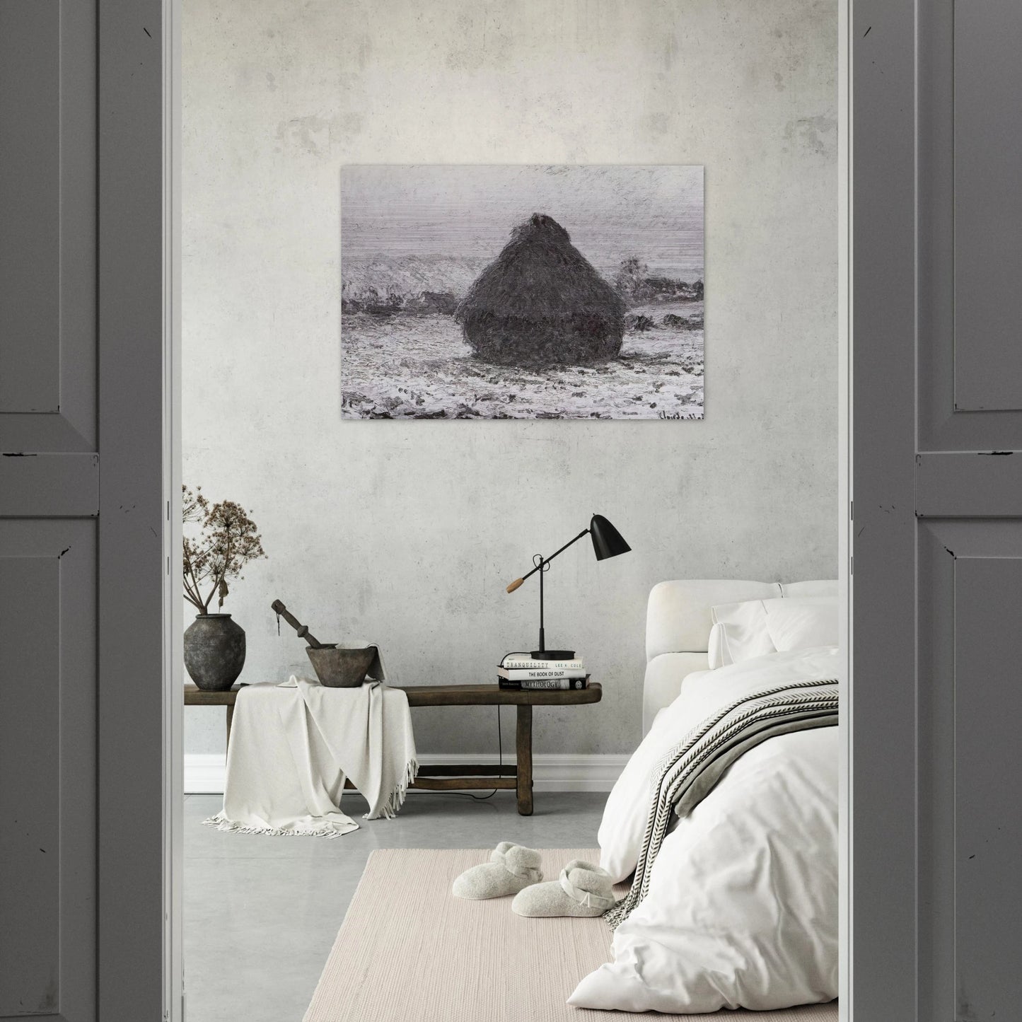 Grainstack in the Sunlight, Snow Effect - claude monet Brushed Aluminum Print - 70x100 cm / 28x40 inches | claude monet Aluminum Print | claude monet Prints