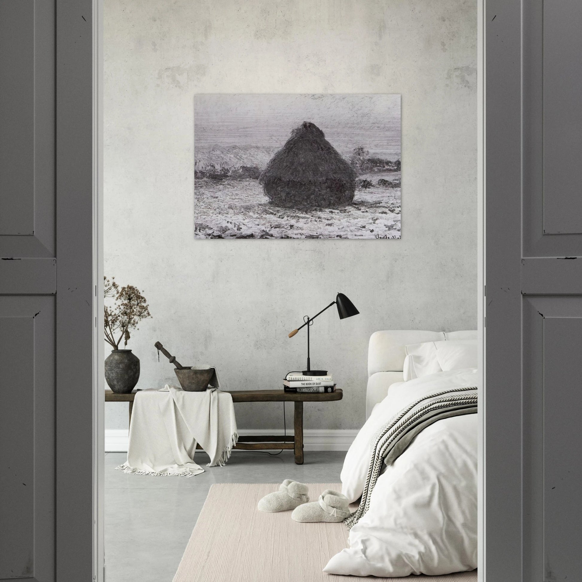 Grainstack in the Sunlight, Snow Effect - claude monet Brushed Aluminum Print - 70x100 cm / 28x40 inches | claude monet Aluminum Print | claude monet Prints