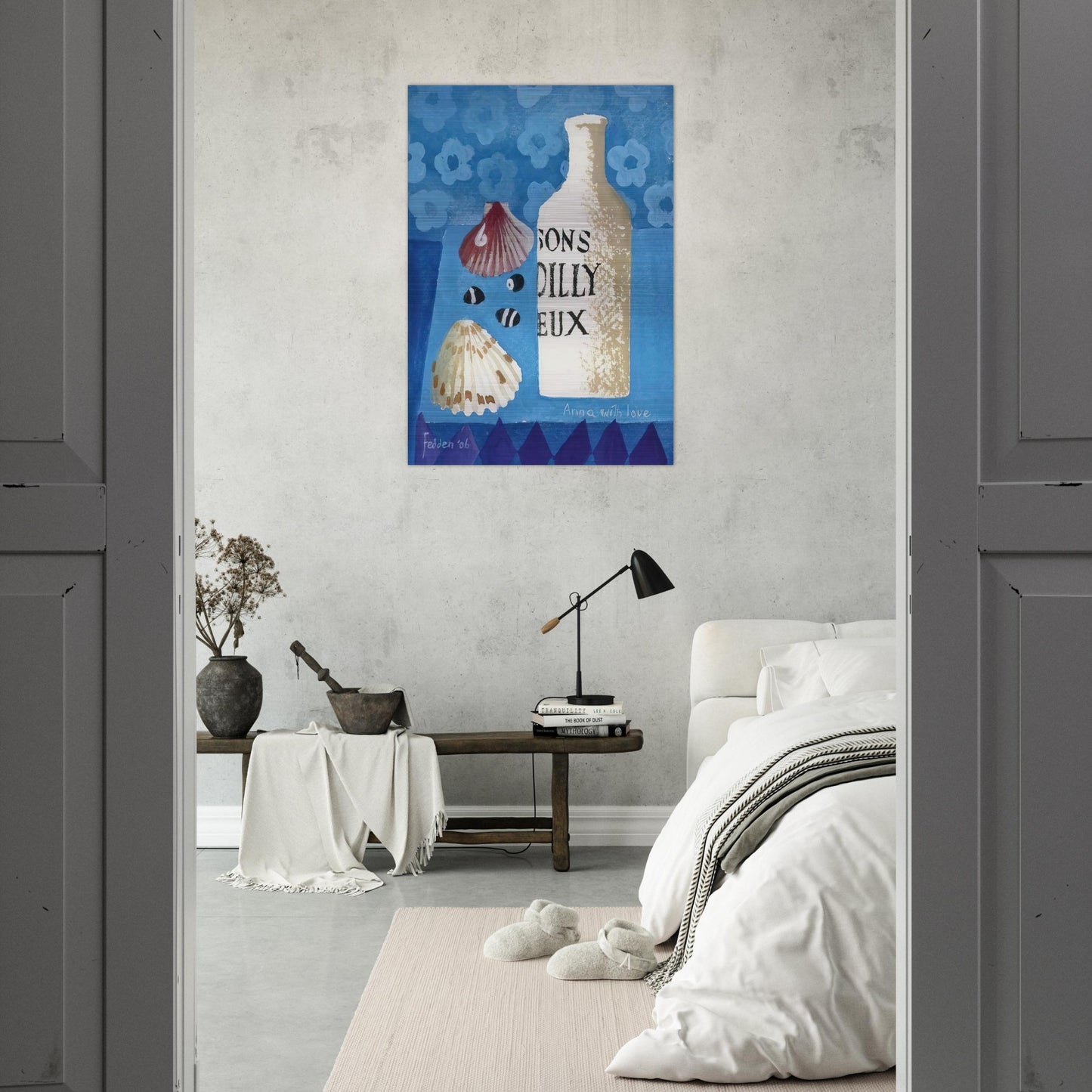 Still life with bottle and shells - 2006 - Mary Fedden Brushed Aluminum Print - 70x100 cm / 28x40 inches | Mary Fedden Aluminum Print | Mary Fedden Prints