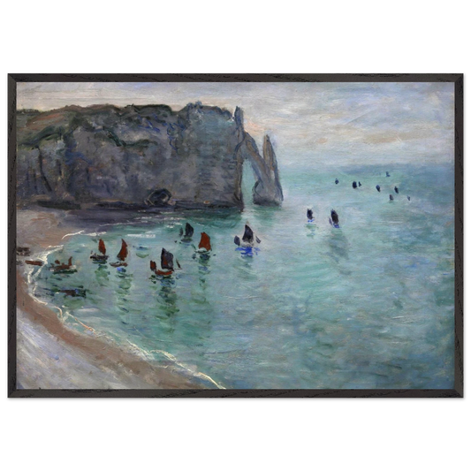 Etretat the Aval Door Fishing Boats Leaving the Harbour - claude monet 70x100 cm / 28x40 inches Framed Art Print – Black Wooden Frame