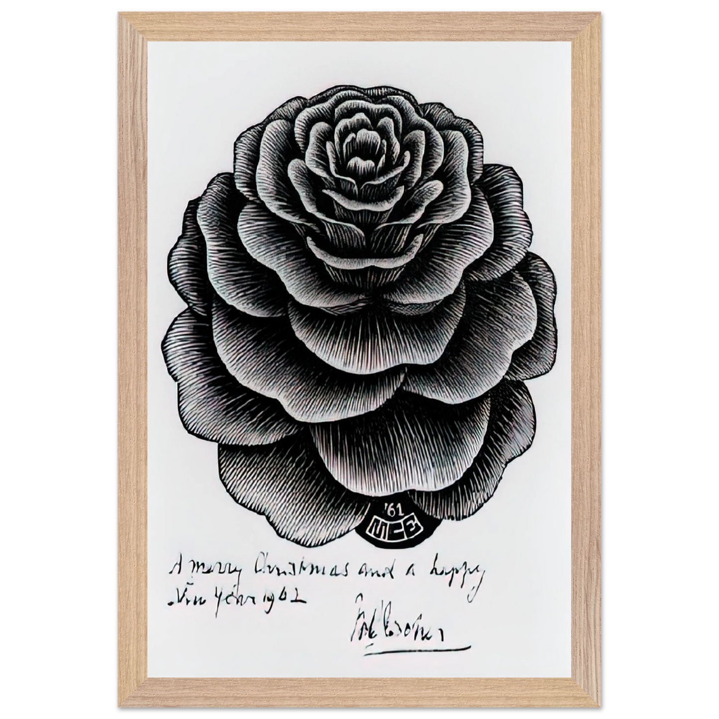 MC Escher - MERRY CHRISTMAS HAPPY NEW YEAR Wall Art - 60x80 cm / 24x32 inches - Premium Wooden Framed Poster With Fine Art Paper - Black frame