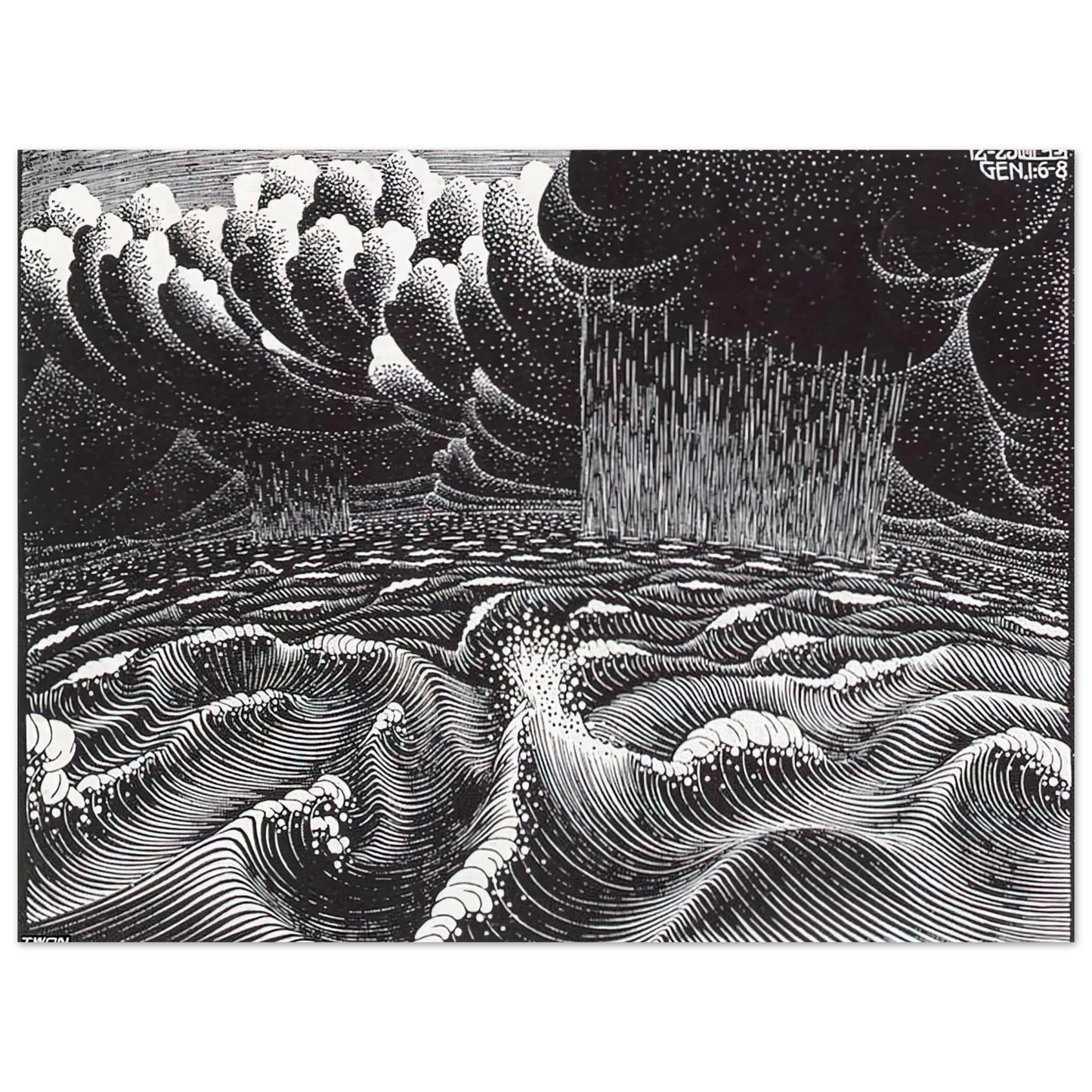 MC Escher - THE 2ND DAY OF THE CREATION Wall Art - 60x80 cm / 24x32 inches - Premium Wooden Framed Poster With Fine Art Paper-canvas - Black frame