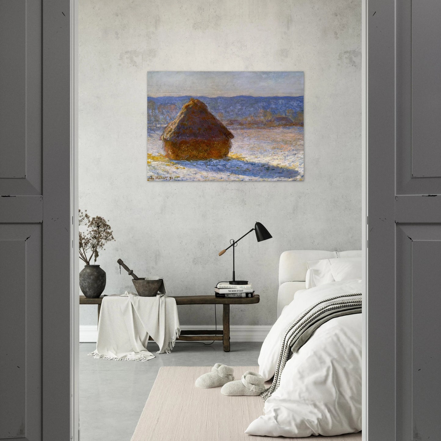 Grainstack, Snow Effect, Morning - claude monet Brushed Aluminum Print - 70x100 cm / 28x40 inches | claude monet Aluminum Print | claude monet Prints