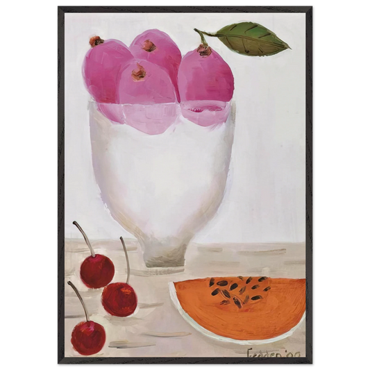 Three Cherries - 2000 - Mary Fedden 70x100 cm / 28x40 inches Framed Art Print – Black Wooden Frame
