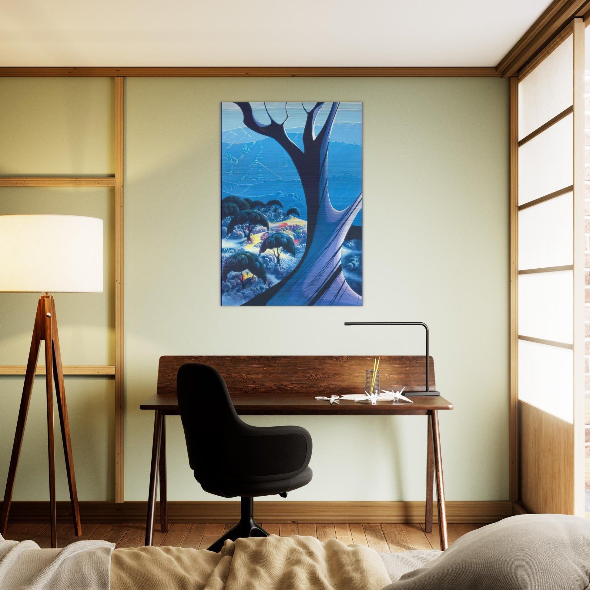 Purple Treeand Mountains - Eyvind Earle Brushed Aluminum Print - 70x100 cm / 28x40 inches | Eyvind Earle Aluminum Print | Eyvind Earle Prints