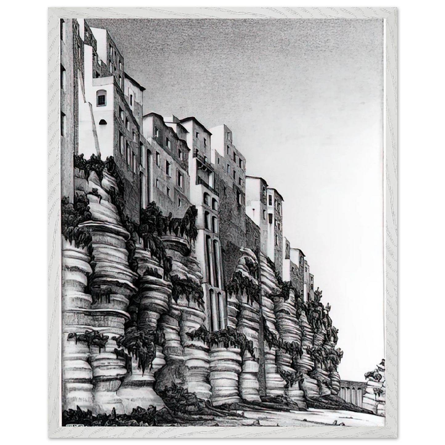 MC Escher - TROPEA CALABRIA Wall art - 28x43  cm / XL (11x17 inches) - Premium Wooden Framed Poster With Fine Art Paper-canvas - White frame