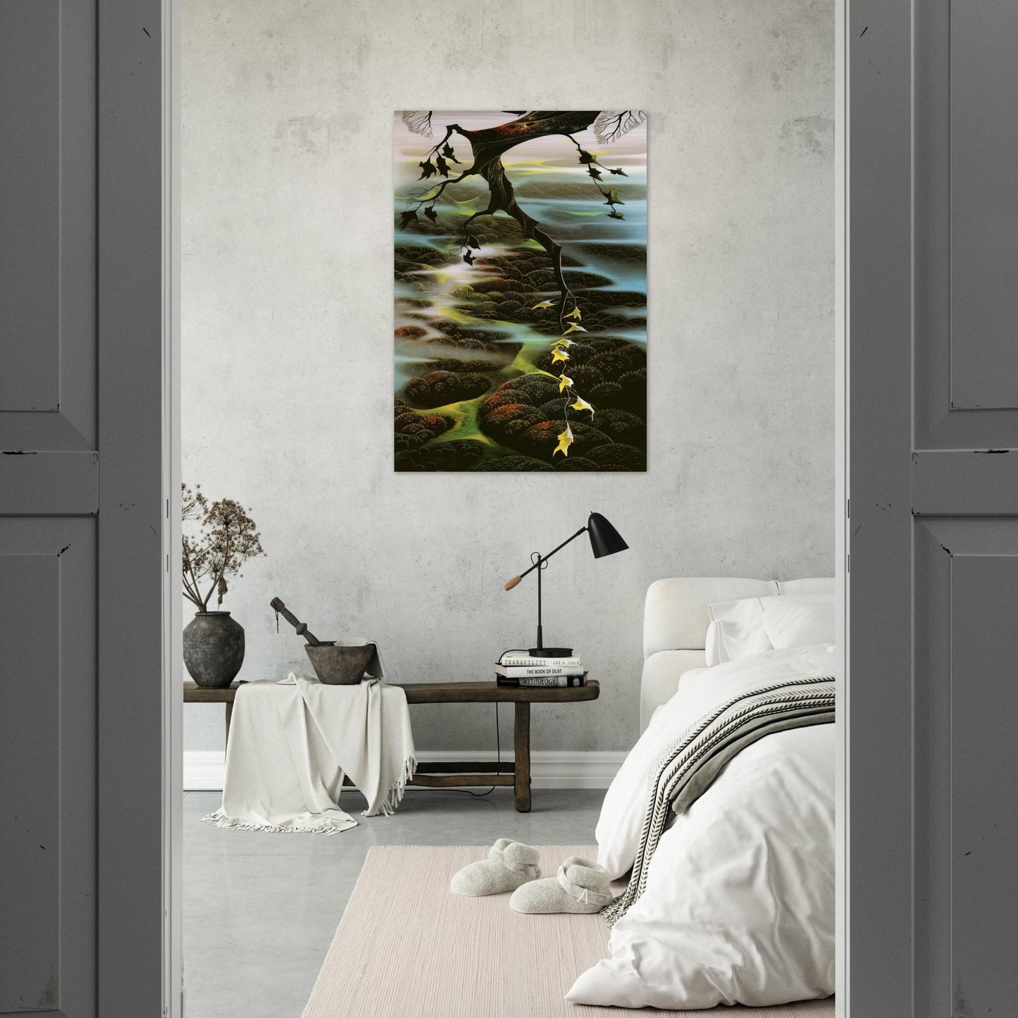 Fog Laced Hills - Eyvind Earle Brushed Aluminum Print - 70x100 cm / 28x40 inches | Eyvind Earle Aluminum Print | Eyvind Earle Prints