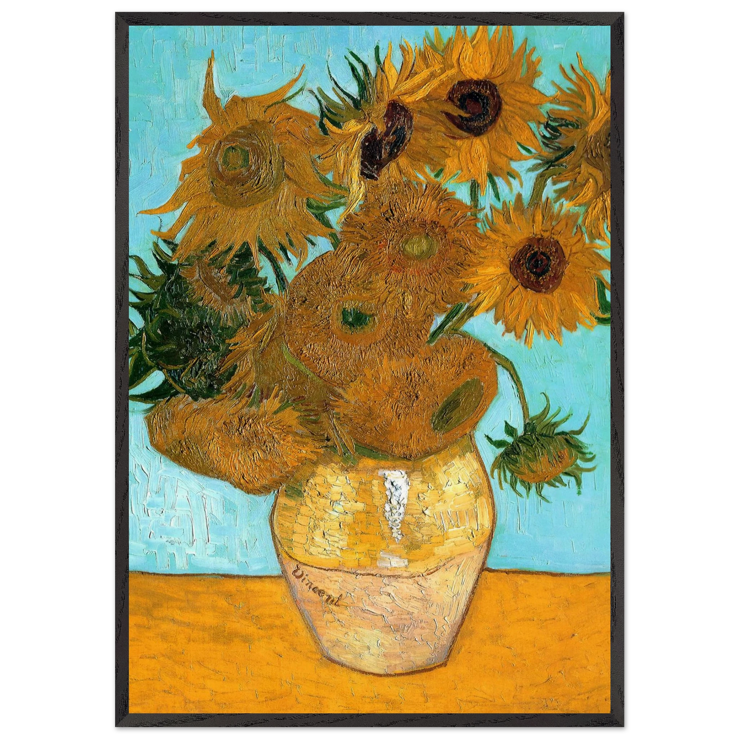 Still Life - Vase with Twelve Sunflowers - Vincent van Gogh 70x100 cm / 28x40 inches Framed Art Print – Black Wooden Frame