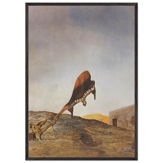 SKULL WITH ITS LYRIC APPENDAGE LEANING ON A BEDSIDE TABLE WHICH SHOULD HAVE THE EXACT 1934 - Salvador Dali 70x100 cm / 28x40 inches Framed Art Print – Black Wooden Frame
